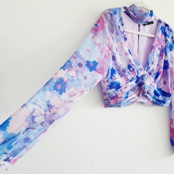 Zara Purple & Blue Floral Long Sleeve V-neck Top Choker Collar Size Large - Picture 7 of 10